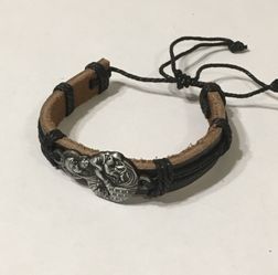 Black leather bracelet with silver jesus and mary charm