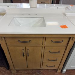 Bellington 36 in. Single Sink Almond Toffee Bath Vanity with White Engineered Stone Top