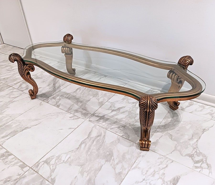 Vintage Hollywood Regency Giltwood and Glass Coffee Table