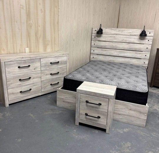 AP🎉 Panel Bedroom Set - Whitewash 4-Piece (Bed, Dresser, Mirror, Nightstand) Financing & Delivery