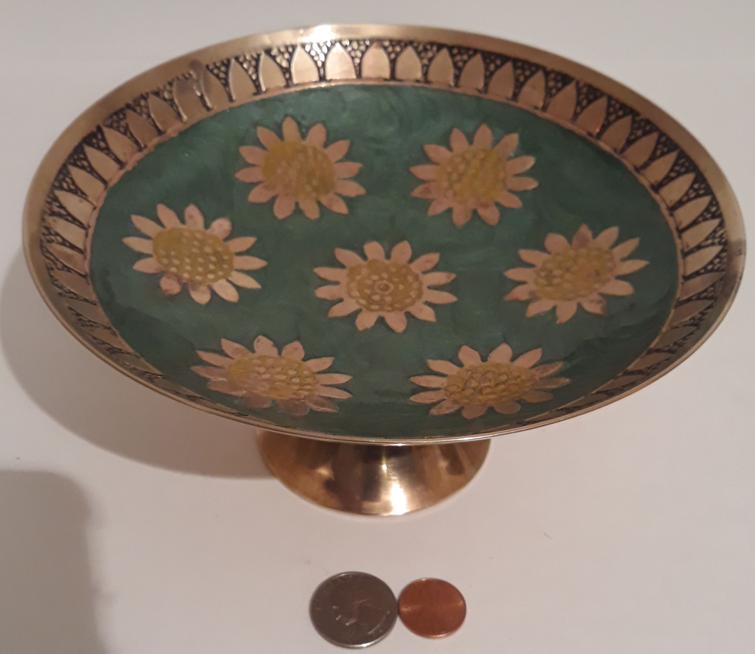 Vintage Brass Metal Platter, Green Enamel and Brass, 7" x 4", Heavy Duty Quality, Kitchen Decor, Home Decor, Table Display, Shelf Display