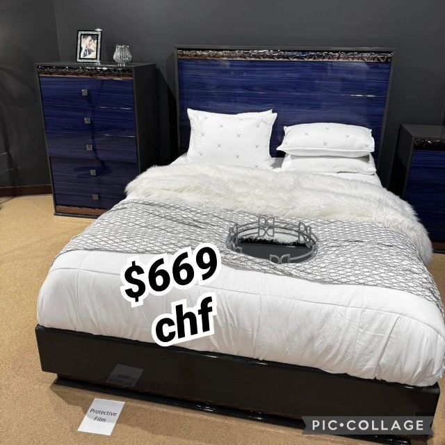 Glam Ash Gray / Indigo Blue King Size Bed Frame 