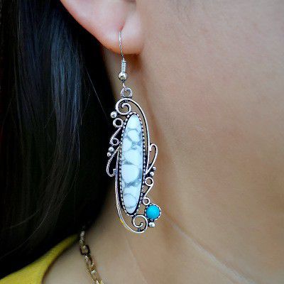 "Ethnic Turquoise Stone Twisted Retro Pattern Dangle Vintage Earrings, VP1014
 
  