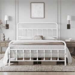 Full Size Design Metal Platform Full Bed with High Headboard, All Ages, White