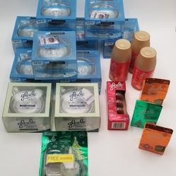 Lot of 18 Glade Glass Candle Holders, Refill Candles, Plug-In Scented Oils, Scented Oil Refills and Automatic Spray Refills. 