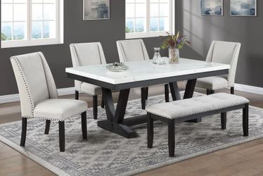 Dining set 6 pc Faux Marble top, Antique Black wood finish, Light Fabric. New Especial price