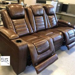 Brand New Game Room| Power Reclining Leather Brown Sofa| Power Reclining Loveseat And Recliner Chair Available| Theater Couch| Black White Gray Color|