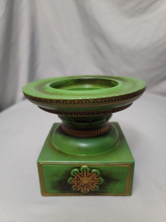 Vintage Ceramic Pillar Candle Holder - Green With Gold - Can Hold 2 Size Candles 2 1/4"  &  3 1/4" Size, Made In Japan,  Measures 5"H x 6"W 