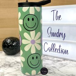20oz Skinny Teal Retro Daisy Smiley Tumbler