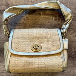 Coach Gold Leather & Natural Straw Shoulder Bag 