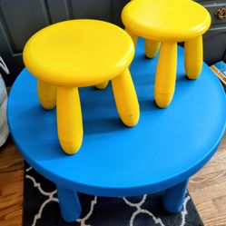 Ikea Kids Blue Table with Yellow Stools