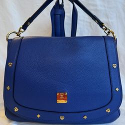 💯Guaranteed Authentic MCM Blue Leather Crossbody Bag