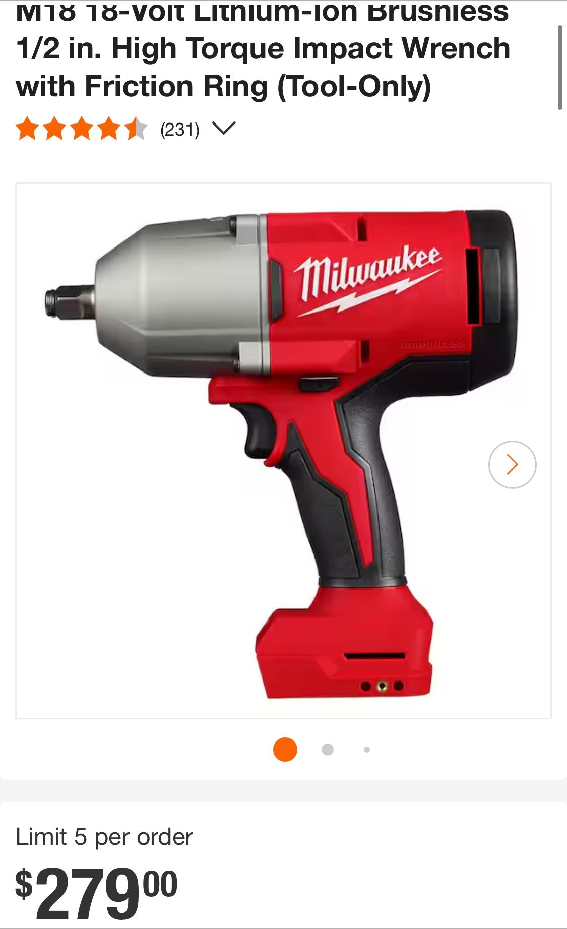 Milwaukee M18 18 Volt Brushless 1/2 High Torque Impact Wrench