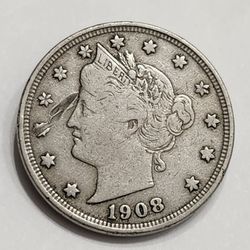 1908 Liberty V Nickel - Antique U.S Five Cents Coin