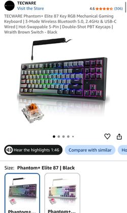 TECWARE Phantom+ Elite 87 Key RGB Mechanical Gaming Keyboard | 3-Mode Wireless Bluetooth 5.0, 2.4GHz & USB-C