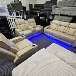Super Deal 3 Pcs Power Recliners W/ LED Light, Wireless CHARGER , UsB Outlet Storage Cup Holder Faux Lesther Cream Color $1799