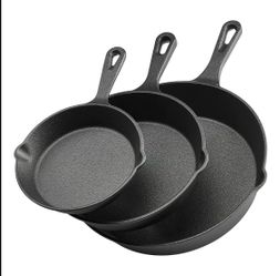 3-Piece Cast Iron Cookware Set - 6/8/10 in Skillets, Cool Handle, Sturdy Heat Retention, Flat Bottom/Deep Chef Pan & Wok, Anti-Scratch, for Baking, In