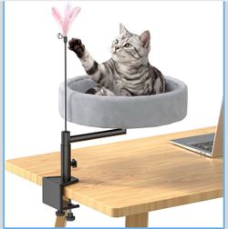 Cat Desk Bed, 360° Swivel Desk Mounted Cat Bed, Gray 50 lb capacity, removable machine-washable plush cover, dual-screw clamp, fits 2.36 in tabletops,