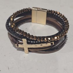 Hometown Collections Multi Strand Leather/Metal Cross Bracelet