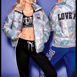 NWT PINK VICTORIES SECRET RARE FASHION SHOW Holographic Jacket Sz M