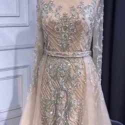 Beautiful wedding bridal special occasion nude and silver dress