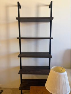 5-Tier Ladder Bookshelf — 6 ft Tall, Metal Frame + Dark Wood Shelves