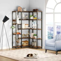 5-Shelf Corner Bookshelf, rustic brown ( Slight Damage See Pic#4)Pick Up Only 