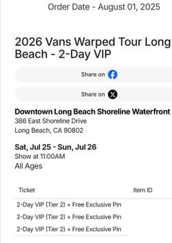 Warped tour vip 3 tickets $1500 all 3