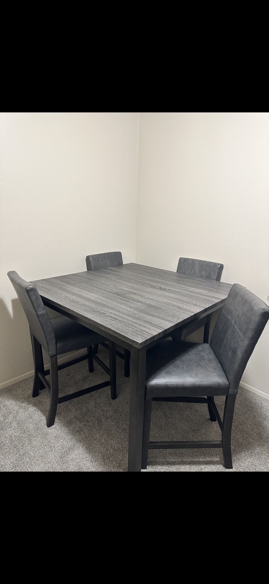 Counter Height Grey Dining Table and Faux Leather Chairs