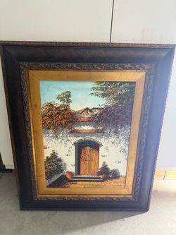 Large Framed Oil Painting Courtyard Scene