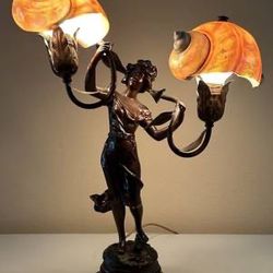 Antique Art Nouveau Figural Lamp With 2 Nautilus Shell Shades