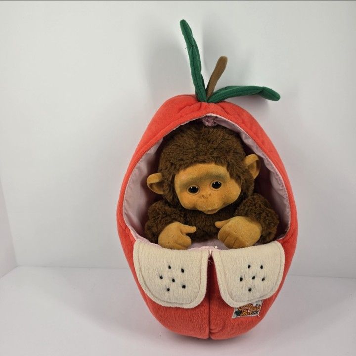 VTG Hosung Little Monkey Lost Brown Red Apple Hand Puppet Flocked Face 12" Plush