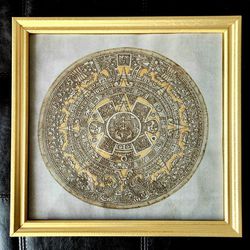 Authentic Gold Stamped Aztec Mandala Cloth Art Piece with a Gold Frame Thumbnail