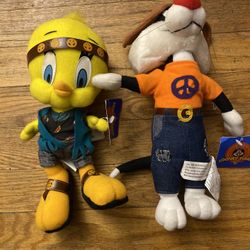 Vintage 1998 11" Tweety Bird & Sylverter Hippie Looney Tunes Stuffed Plush Anima