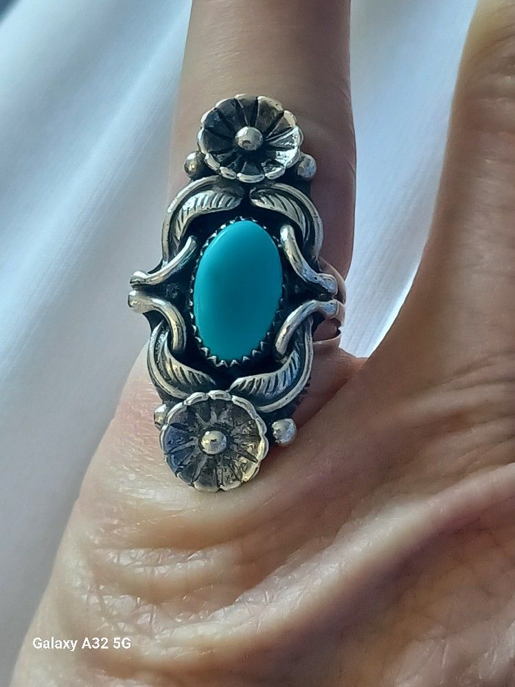 Vtg.Native Sterling Silver Desert Flower & Turquoise Pinky Ring- Sz3.75