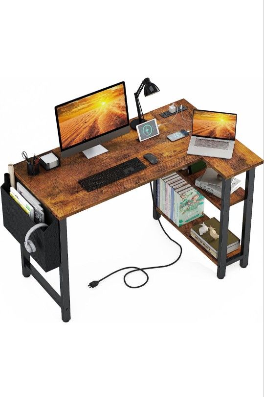 Small L Shaped Desk with Power Outlet Shelves, 40 Inch Corner Desk for Small Space 

