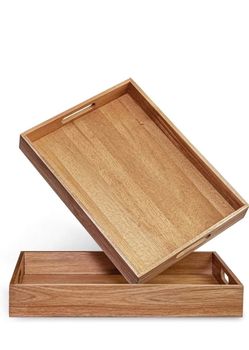 Acacia Wood Serving Tray Handles Set 2 Piece - NEW