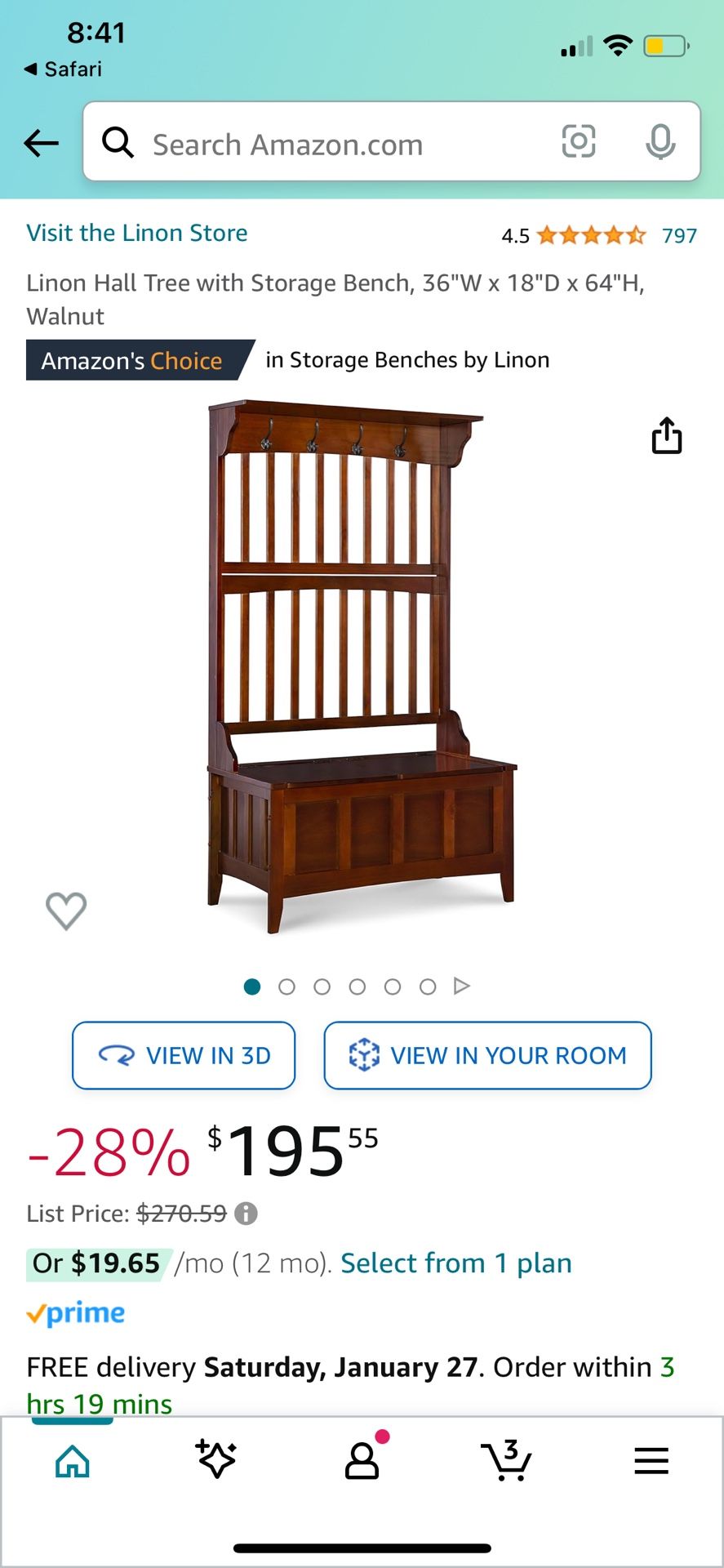Linon Hall Tree with Storage Bench, 36"W x 18"D x 64"H, Walnut