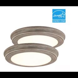 Commercial Electric 7 in. Weathered Gray Wood LED Round Flush Mount (2-Pack)