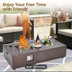 1pc 56" Bronze Propane Fire Pit Table, 50000BTU Fire Table With Wind Guard, Glass Beads & Rain Cover, Sturdy Steel Anti-Rust Finish & CSA Safety Certi