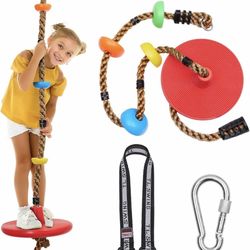DECORLIFE Tree Swing for Kids, Adjustable Rope Disc Swings for Outside with Platform Carabiners and Strap Outdoor, Playground Accessories, Red