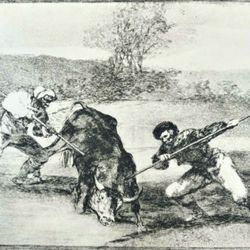SPANIARDS HUNTED BULLS ON FOOT Original Antique Vintage Fine Art GOYA Print 60’s of Etching Spain Printed Collectible Ephemera HILLCREST