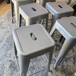 8 Metal Benches 24" High Backless Silver Metal Indoor-Outdoor Counter Height Stool with Square Seat