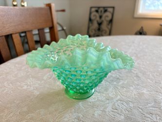 Vintage Fenton Green Opalescent Hobnail Ruffled Rim Glass Bowl