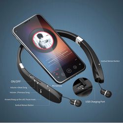 Foldable Bluetooth Headphones Wireless Neckband Headset with Retractable Earbuds, Sports Sweatproof Noise Cancelling Stereo Earphones with Mic