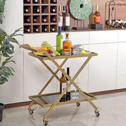 Gold Bar Cart - No Screws Assembly, 2-Tier Snack Cart with 2 Black Tempered Glass Shelves, Portable with 2 Lockable Wheels
