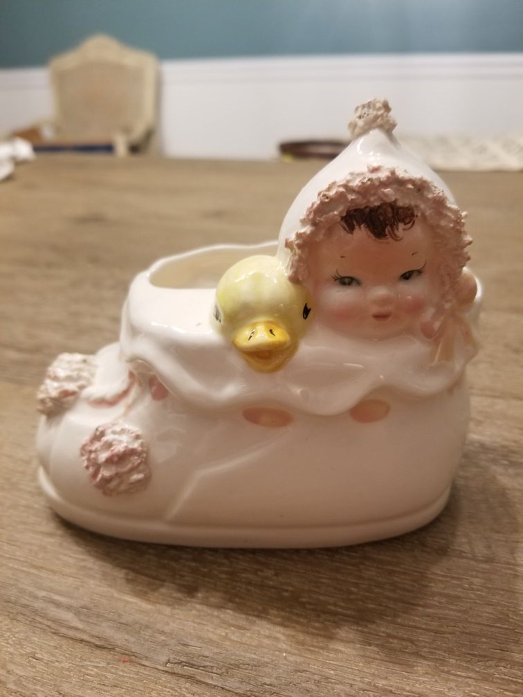 Baby girl and duck antique planter
