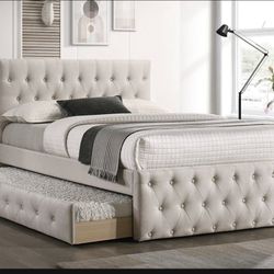 New In Box FULL BED W/TRUNDLE  LIGHT BROWN BURLAP And 2 Mattresses.