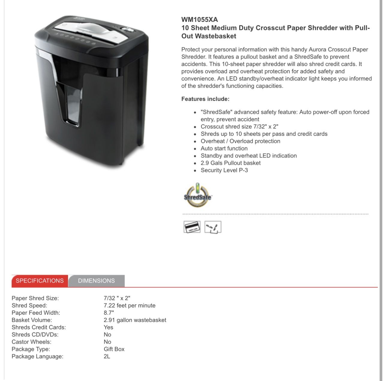 WM1055XA 10 Sheet Medium Duty Crosscut Paper Shredder with Pull-Out Wastebasket