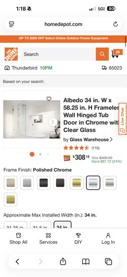*NEW* Glass Warehouse Solaris 34 in. W x 58.25 in. H Single Fixed Radius Panel Frameless Tub Door in Chrome Finish with Clear Glass